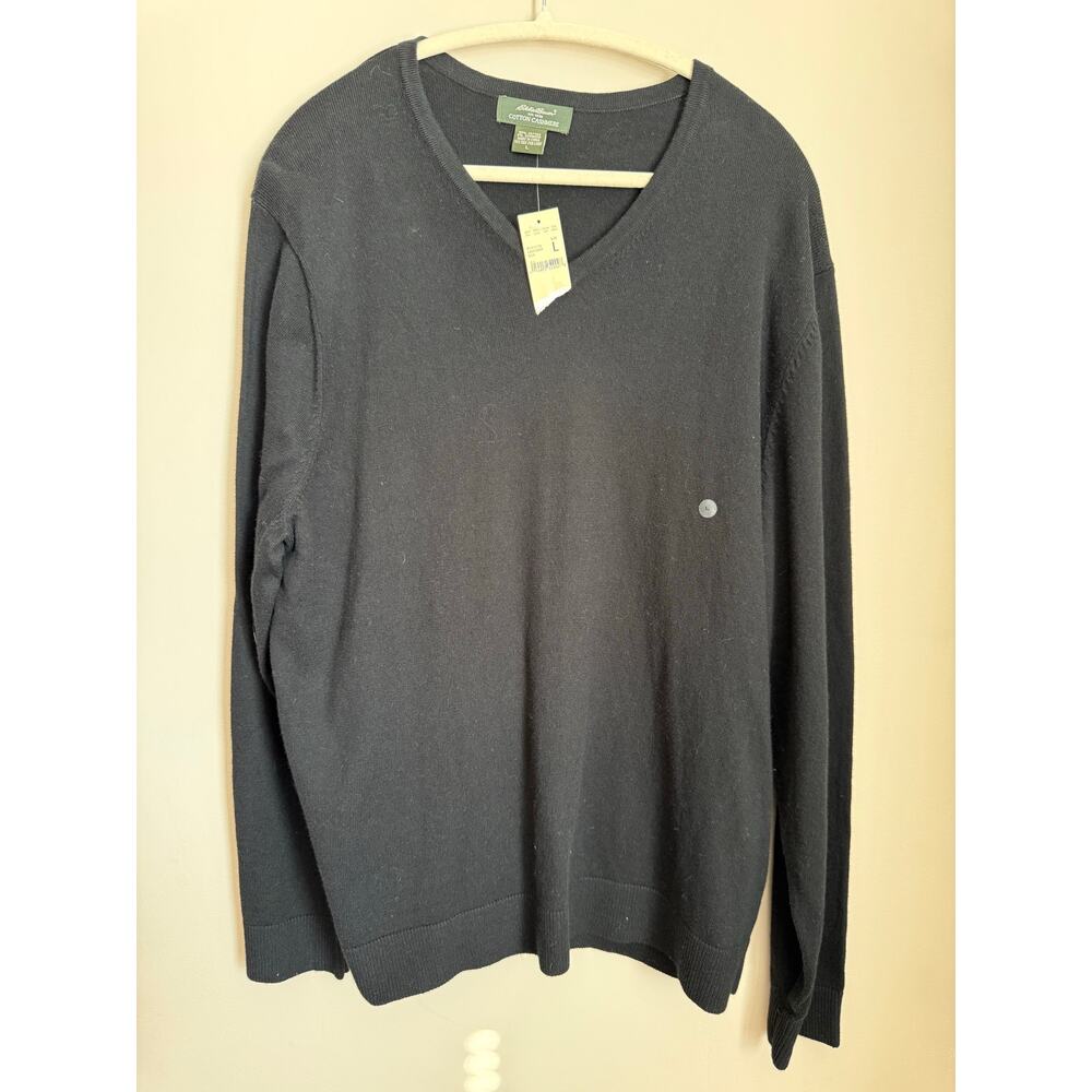 Eddie Bauer Cotton Cashmere V-Neck Sweater Black NWT Men’s Size Large Minimalist